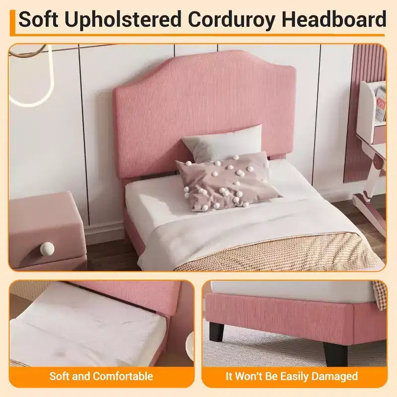Acekool Kids Twin Bed Frame with Corduroy Headboard, Velvet Upholstered Platform, Slat Support, No Box Spring Needed, Easy Assembly