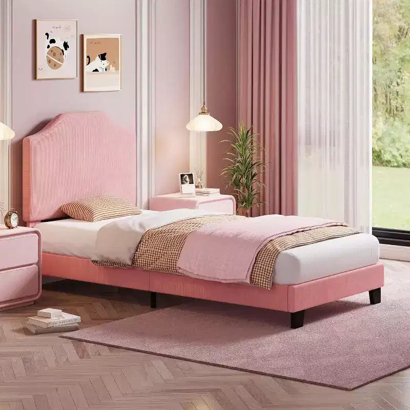 Acekool Kids Twin Bed Frame with Corduroy Headboard, Velvet Upholstered Platform, Slat Support, No Box Spring Needed, Easy Assembly