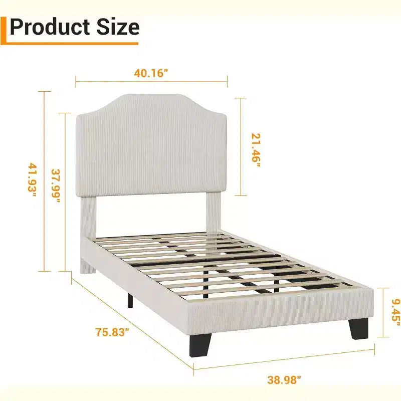Acekool Kids Twin Bed Frame with Corduroy Headboard, Velvet Upholstered Platform, Slat Support, No Box Spring Needed, Easy Assembly