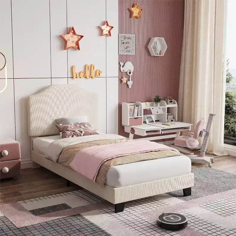 Acekool Kids Twin Bed Frame with Corduroy Headboard, Velvet Upholstered Platform, Slat Support, No Box Spring Needed, Easy Assembly