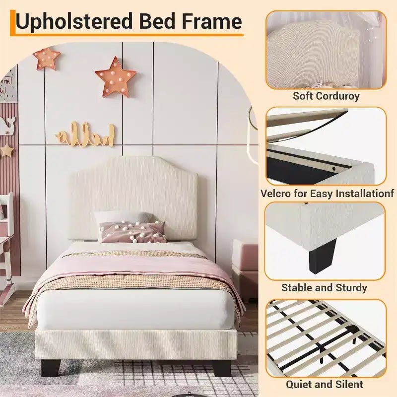 Acekool Kids Twin Bed Frame with Corduroy Headboard, Velvet Upholstered Platform, Slat Support, No Box Spring Needed, Easy Assembly