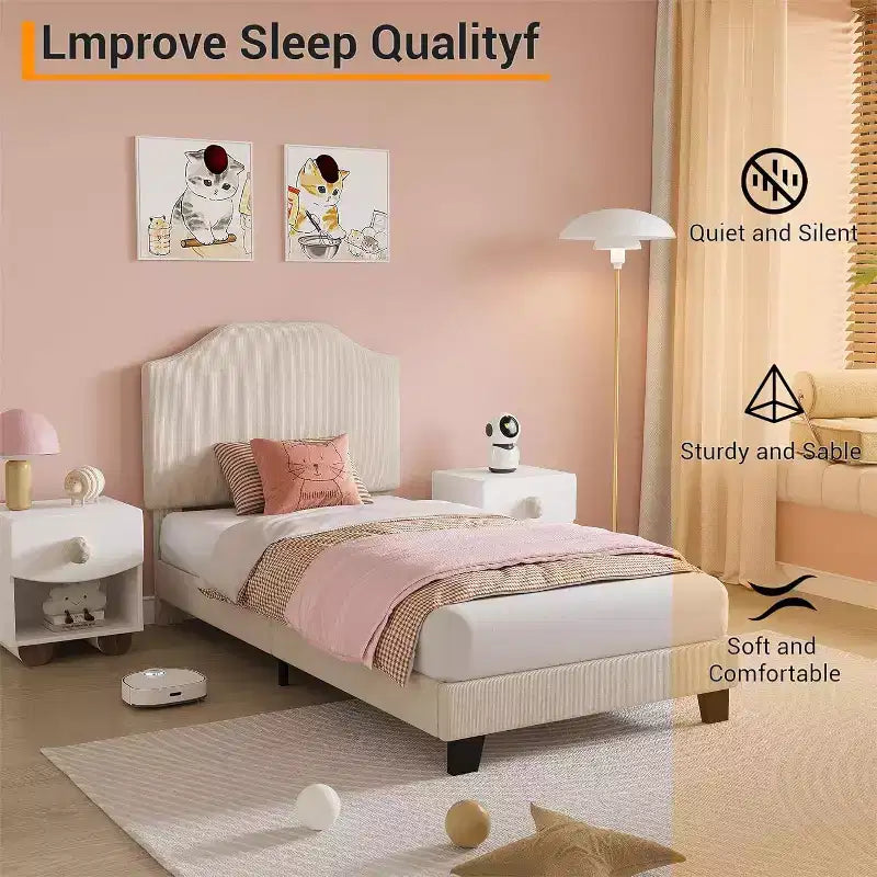 Acekool Kids Twin Bed Frame with Corduroy Headboard, Velvet Upholstered Platform, Slat Support, No Box Spring Needed, Easy Assembly