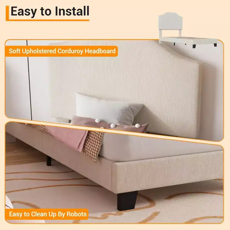 Acekool Kids Twin Bed Frame with Corduroy Headboard, Velvet Upholstered Platform, Slat Support, No Box Spring Needed, Easy Assembly