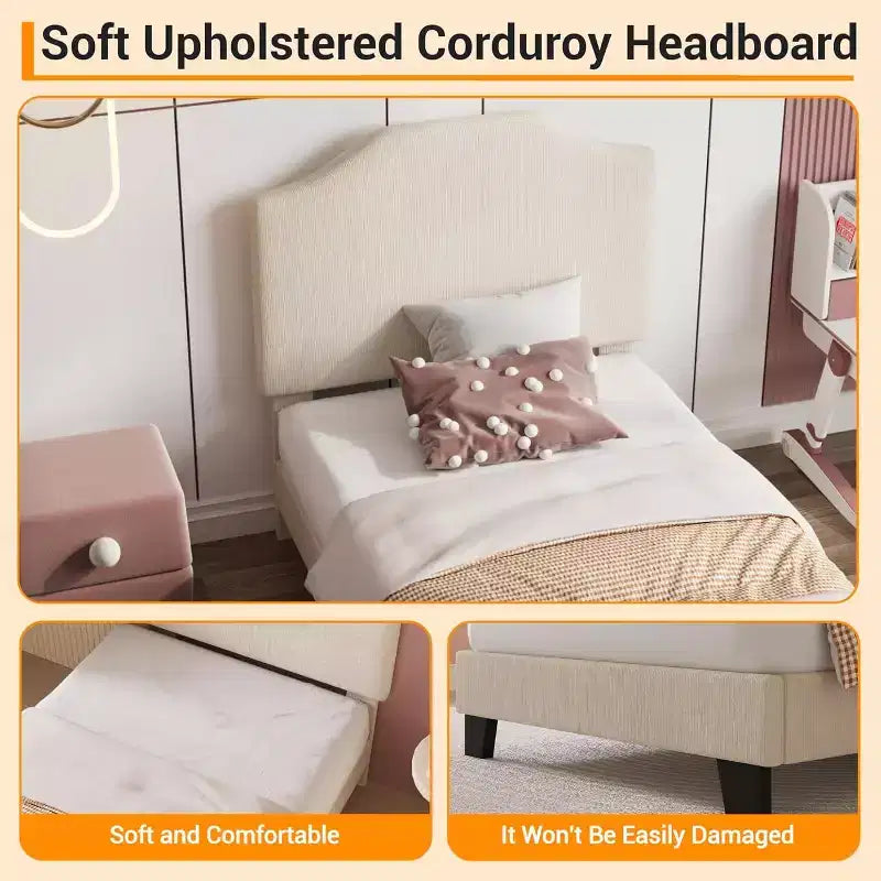Acekool Kids Twin Bed Frame with Corduroy Headboard, Velvet Upholstered Platform, Slat Support, No Box Spring Needed, Easy Assembly