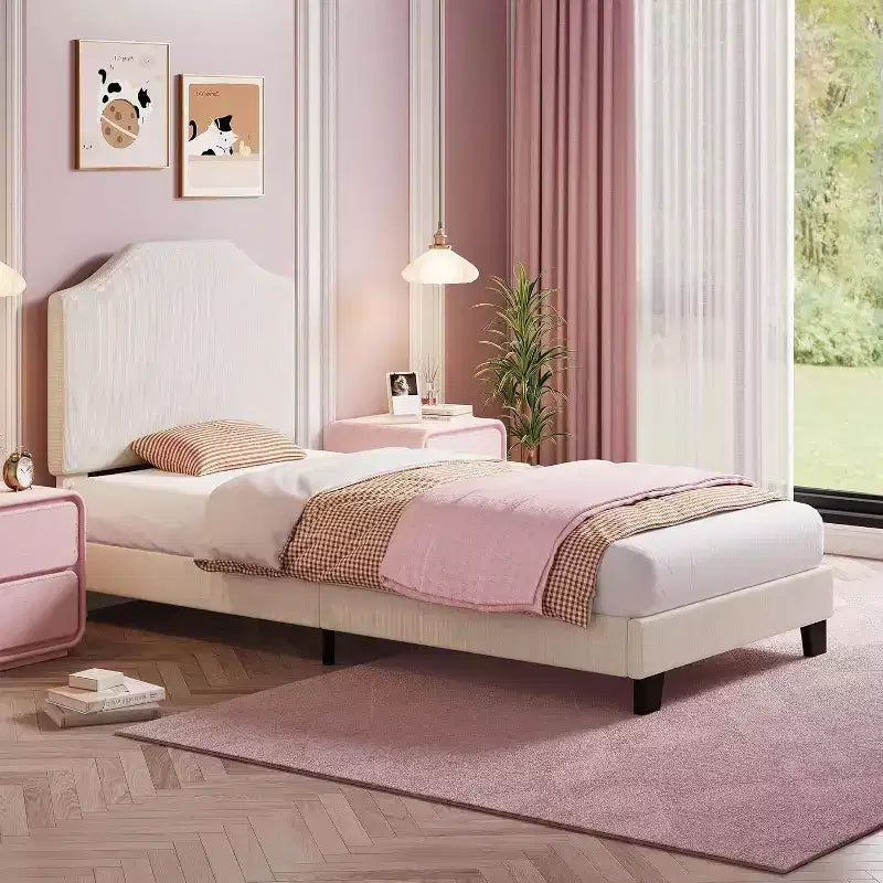 Acekool Kids Twin Bed Frame with Corduroy Headboard, Velvet Upholstered Platform, Slat Support, No Box Spring Needed, Easy Assembly
