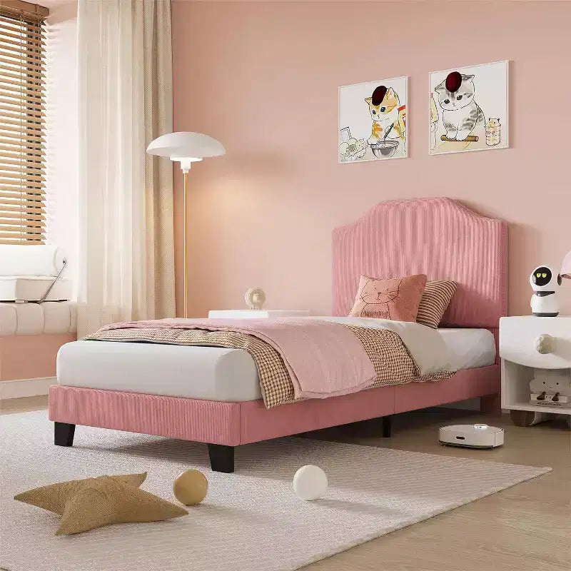 Acekool Kids Twin Bed Frame with Corduroy Headboard, Velvet Upholstered Platform, Slat Support, No Box Spring Needed, Easy Assembly