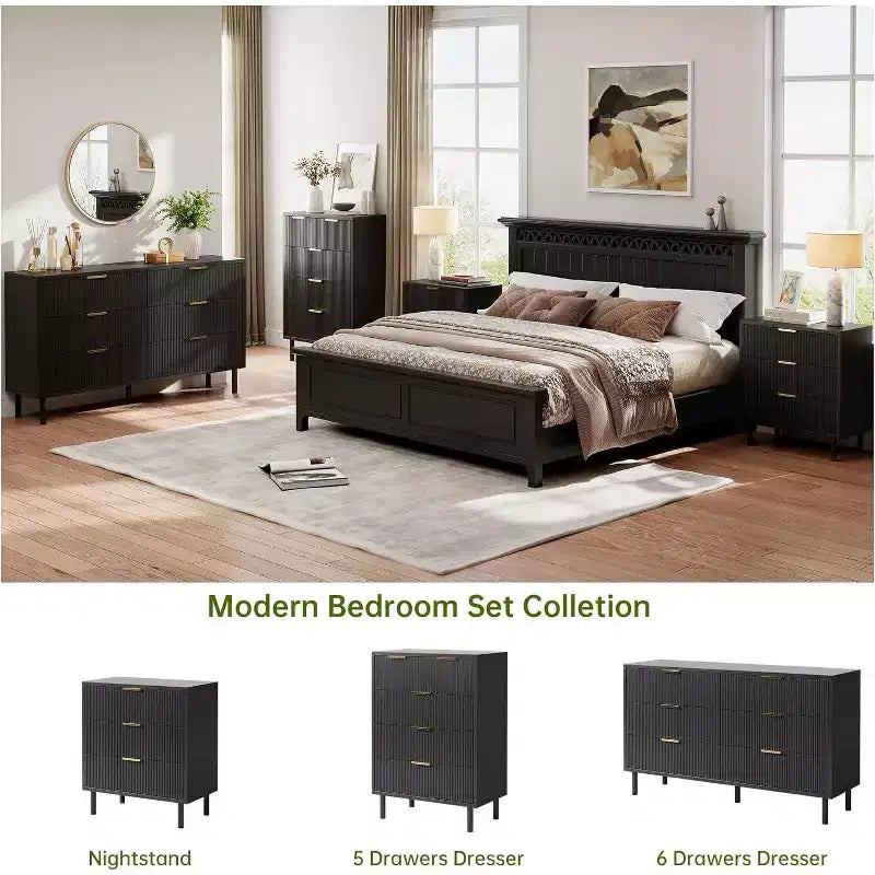 Acekool Wave Fluted 5-Drawer Dresser, 38 Tall Chest with Anti-Tip, Wide 4-Tier Nightstand for Bedroom, Hallway, Entryway, Black