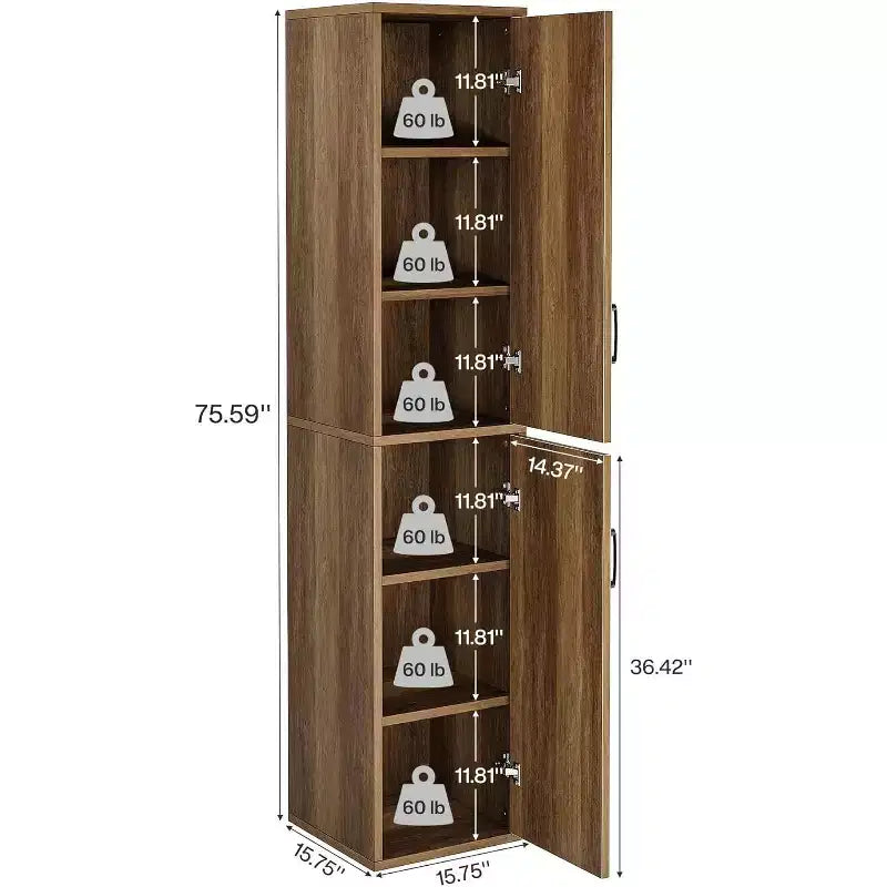 Lantine 75.39 Wood Storage Cabinet with 6 Shelves, Narrow Modern Cabinet with 2 Doors for Living Room, Kitchen, Bathroom