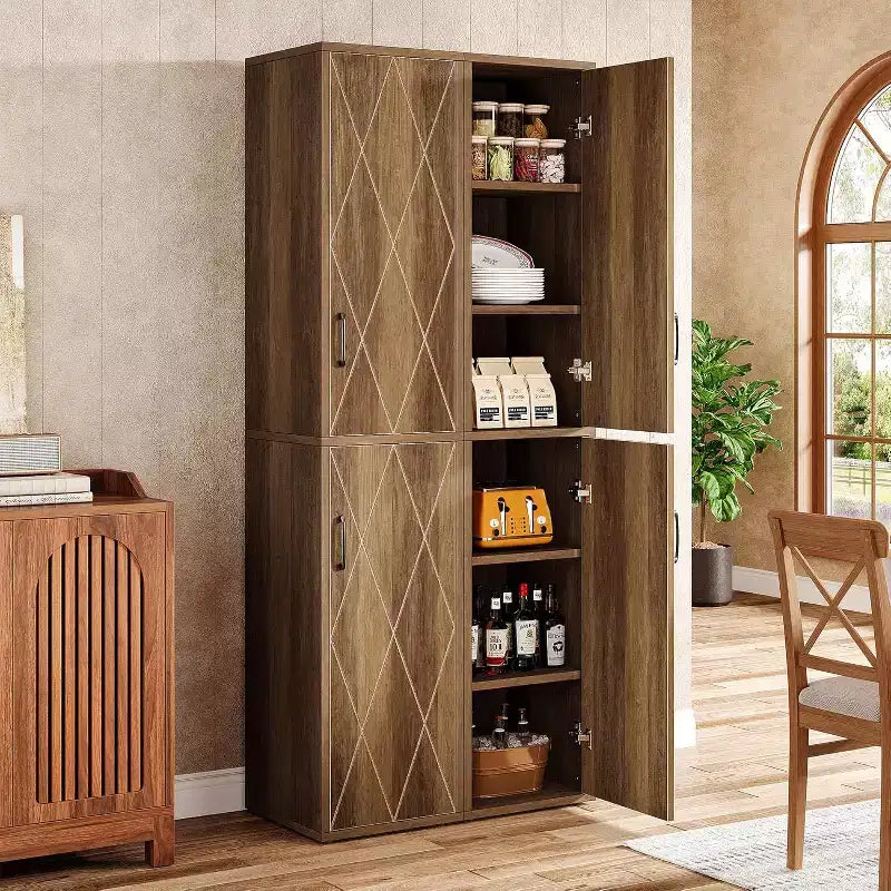 Lantine 75.39 Wood Storage Cabinet with 6 Shelves, Narrow Modern Cabinet with 2 Doors for Living Room, Kitchen, Bathroom