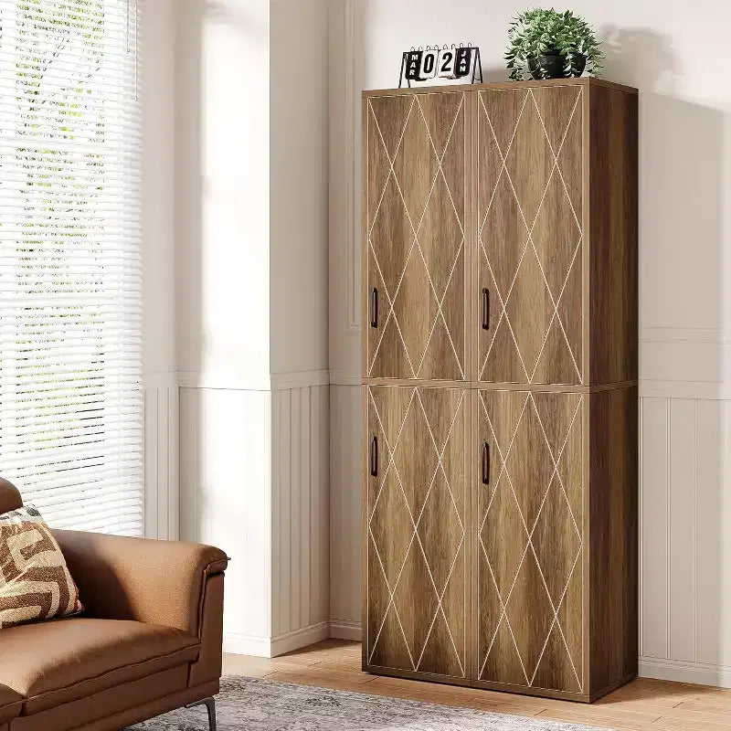 Lantine 75.39 Wood Storage Cabinet with 6 Shelves, Narrow Modern Cabinet with 2 Doors for Living Room, Kitchen, Bathroom