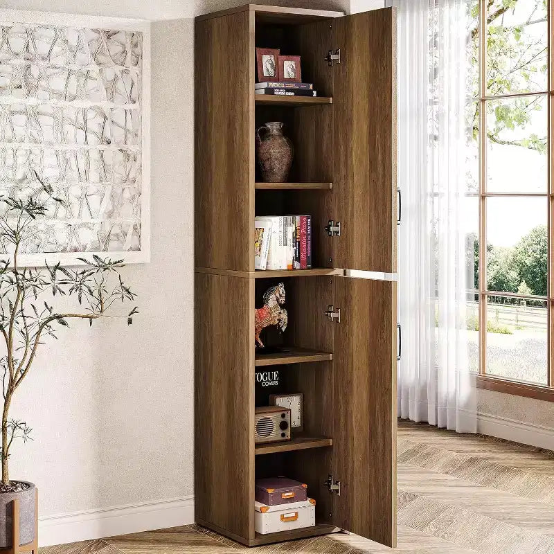 Lantine 75.39 Wood Storage Cabinet with 6 Shelves, Narrow Modern Cabinet with 2 Doors for Living Room, Kitchen, Bathroom