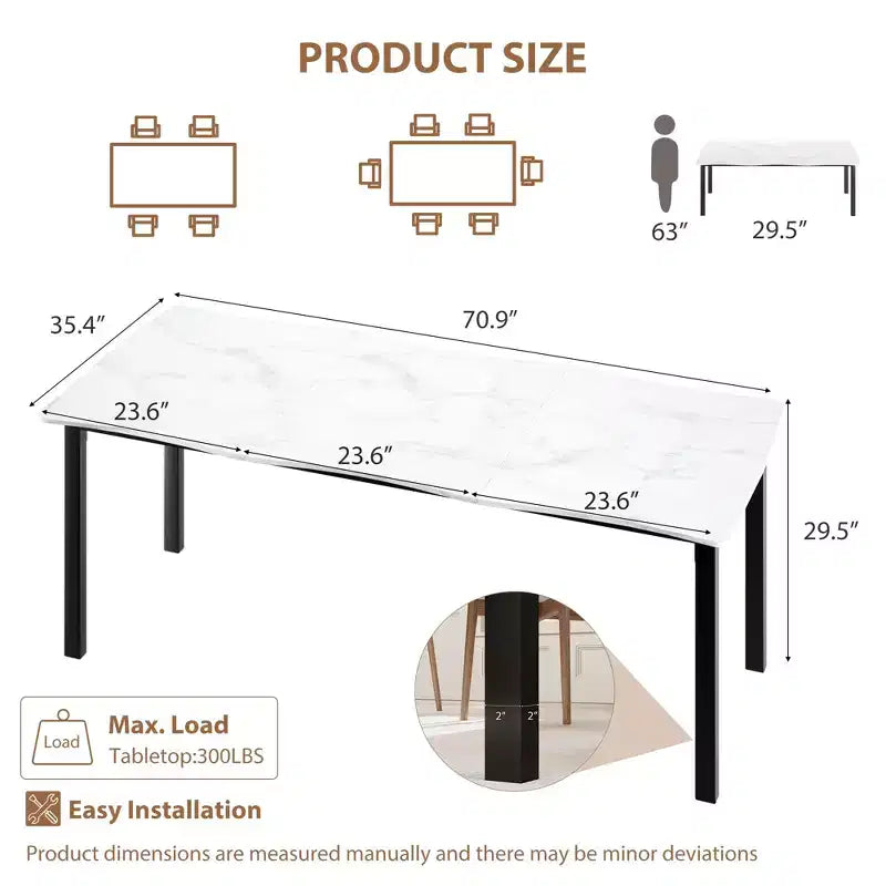 71 / 78 Rectangular Dining Table for 6-8 with Wave Irregular Edge and Metal Frame Waterproof Scratch-Resistant, Versatile for Dining/Work/Study