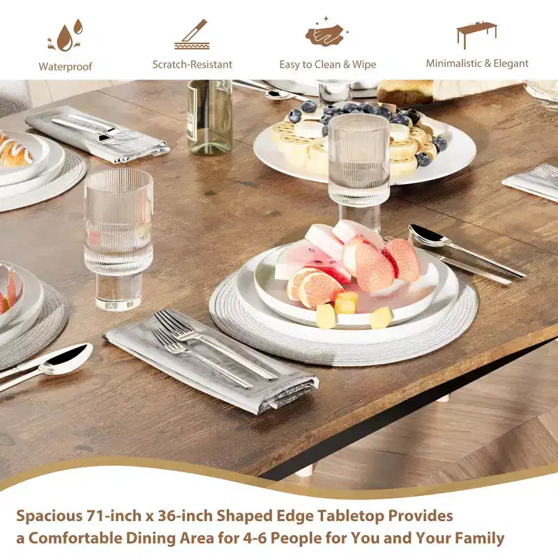 71 / 78 Rectangular Dining Table for 6-8 with Wave Irregular Edge and Metal Frame Waterproof Scratch-Resistant, Versatile for Dining/Work/Study