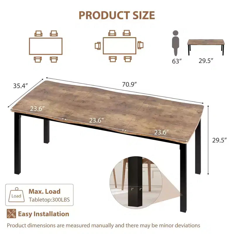 71 / 78 Rectangular Dining Table for 6-8 with Wave Irregular Edge and Metal Frame Waterproof Scratch-Resistant, Versatile for Dining/Work/Study