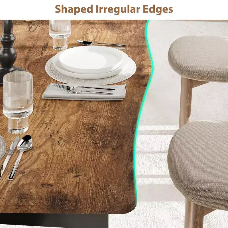 71 / 78 Rectangular Dining Table for 6-8 with Wave Irregular Edge and Metal Frame Waterproof Scratch-Resistant, Versatile for Dining/Work/Study