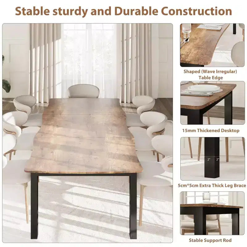 71 / 78 Rectangular Dining Table for 6-8 with Wave Irregular Edge and Metal Frame Waterproof Scratch-Resistant, Versatile for Dining/Work/Study