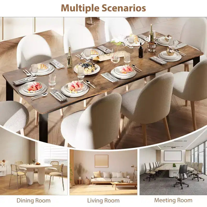 71 / 78 Rectangular Dining Table for 6-8 with Wave Irregular Edge and Metal Frame Waterproof Scratch-Resistant, Versatile for Dining/Work/Study