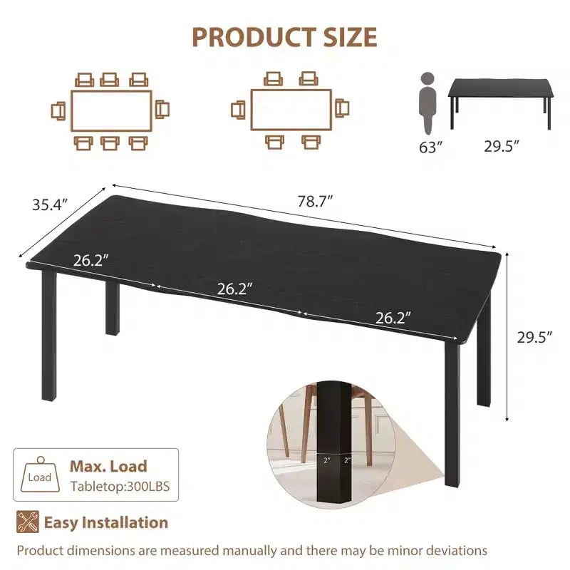 71 / 78 Rectangular Dining Table for 6-8 with Wave Irregular Edge and Metal Frame Waterproof Scratch-Resistant, Versatile for Dining/Work/Study