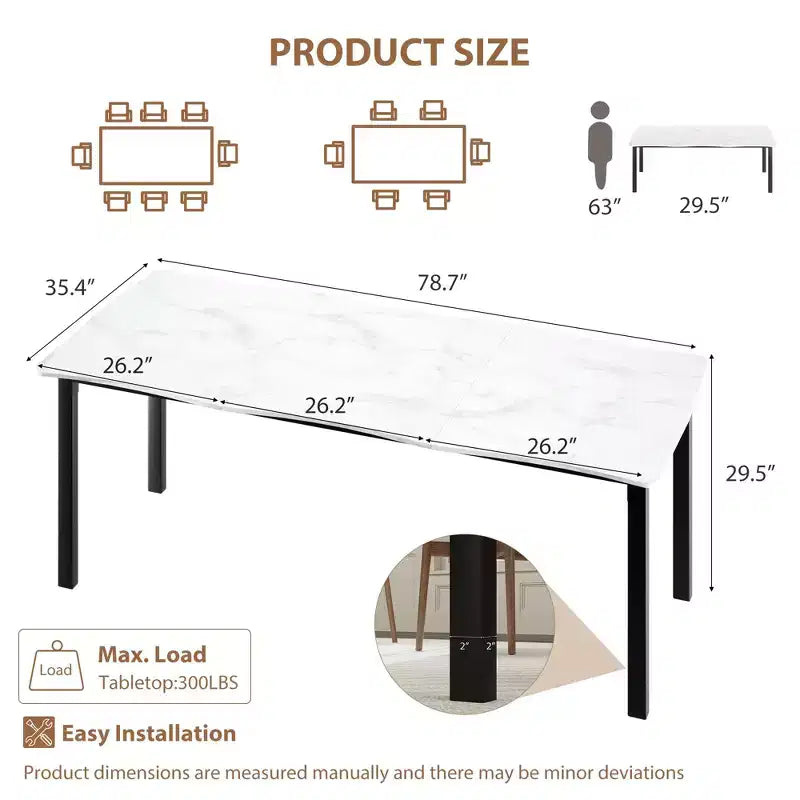 71 / 78 Rectangular Dining Table for 6-8 with Wave Irregular Edge and Metal Frame Waterproof Scratch-Resistant, Versatile for Dining/Work/Study