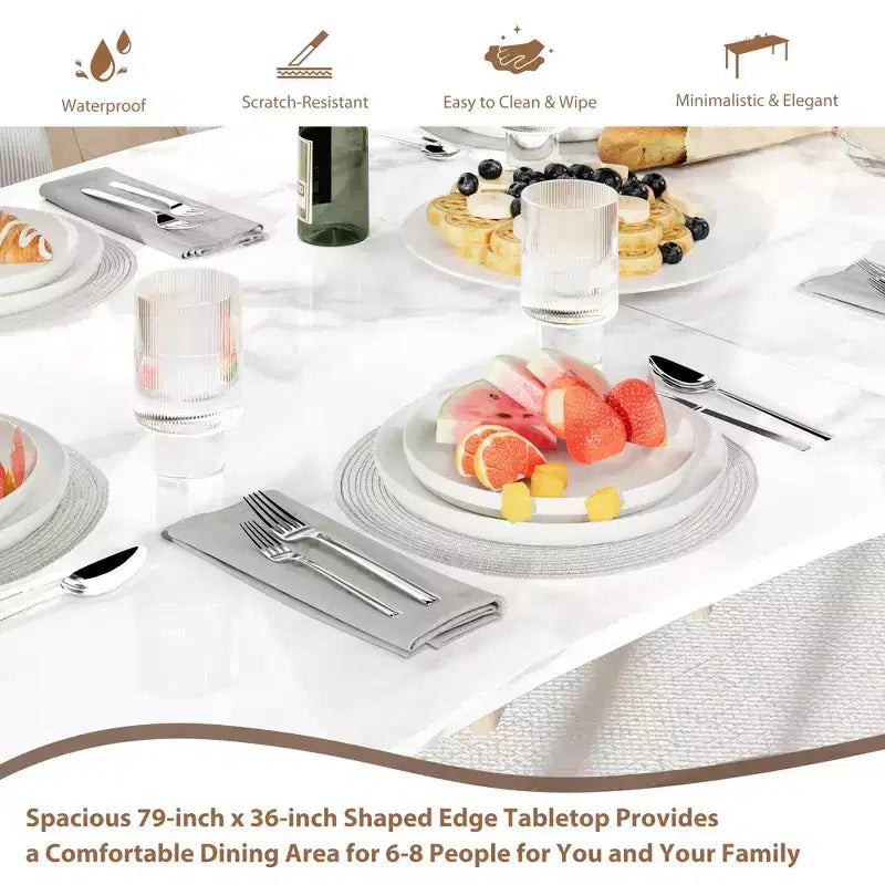 71 / 78 Rectangular Dining Table for 6-8 with Wave Irregular Edge and Metal Frame Waterproof Scratch-Resistant, Versatile for Dining/Work/Study