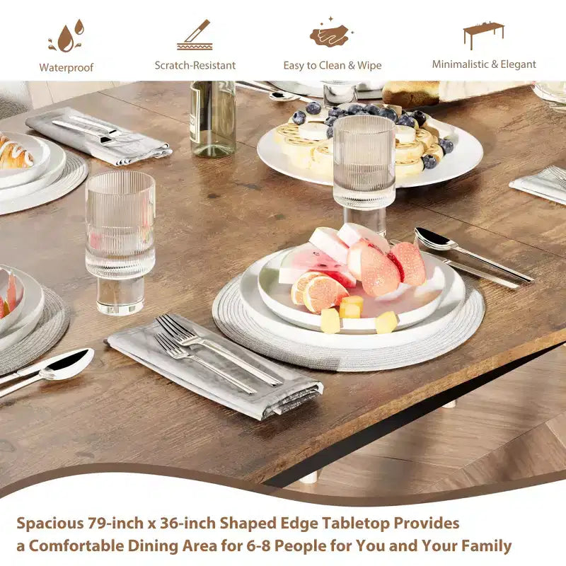 71 / 78 Rectangular Dining Table for 6-8 with Wave Irregular Edge and Metal Frame Waterproof Scratch-Resistant, Versatile for Dining/Work/Study