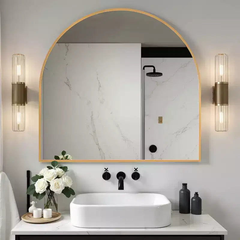 1-Piece 30 In.H x 27 In.W Aluminum Alloy Thin Edged Right Angled Arch Black Hanging Mirror Wall Mirror