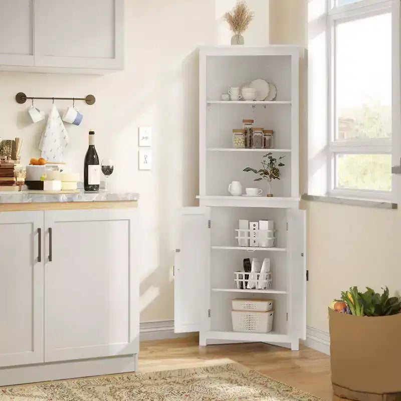 64 Tall Farmhouse Corner Cabinet with 2 Barn Doors and Adjustable Shelves for Bathroom, Dining Room, Kitchen, White
