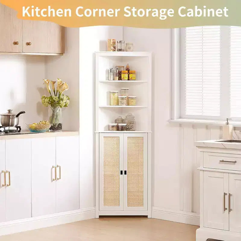 64 Tall Farmhouse Corner Cabinet with 2 Barn Doors and Adjustable Shelves for Bathroom, Dining Room, Kitchen, White