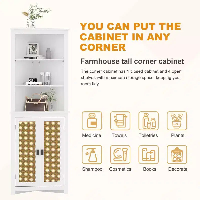 64 Tall Farmhouse Corner Cabinet with 2 Barn Doors and Adjustable Shelves for Bathroom, Dining Room, Kitchen, White