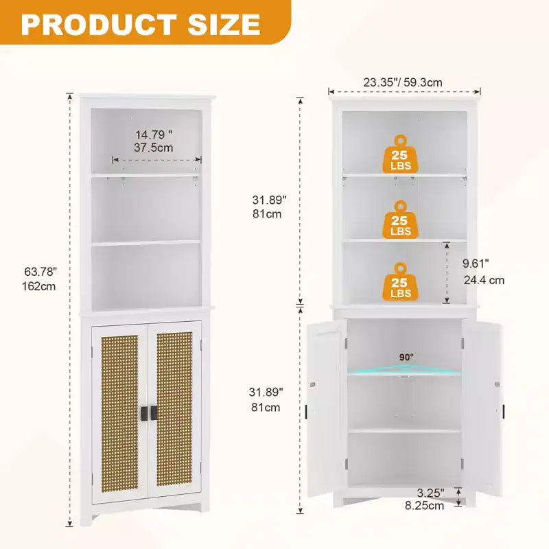 64 Tall Farmhouse Corner Cabinet with 2 Barn Doors and Adjustable Shelves for Bathroom, Dining Room, Kitchen, White