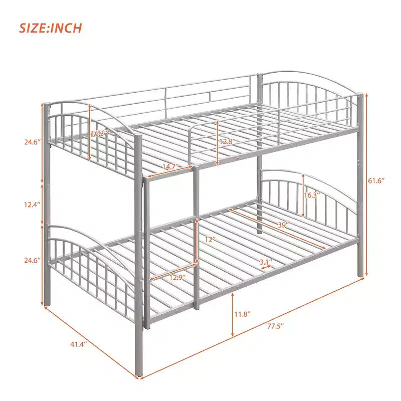 Bellemave Twin Over Twin Metal Bunk Bed with Ladder & Guardrail, Convertible to 2 Beds, Heavy Duty, Space-Saving Bed for Kids Teens, Silver