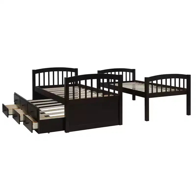 Twin over Twin Bunk Bed with Trundle, Wooden Bunk Bed with 3 Storage Drawers and Safety Rail, Can be Convertible to 2 Beds