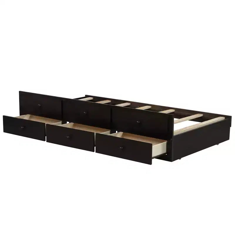 Twin over Twin Bunk Bed with Trundle, Wooden Bunk Bed with 3 Storage Drawers and Safety Rail, Can be Convertible to 2 Beds