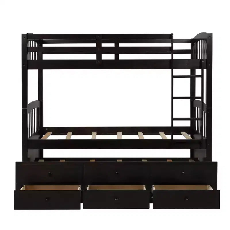 Twin over Twin Bunk Bed with Trundle, Wooden Bunk Bed with 3 Storage Drawers and Safety Rail, Can be Convertible to 2 Beds