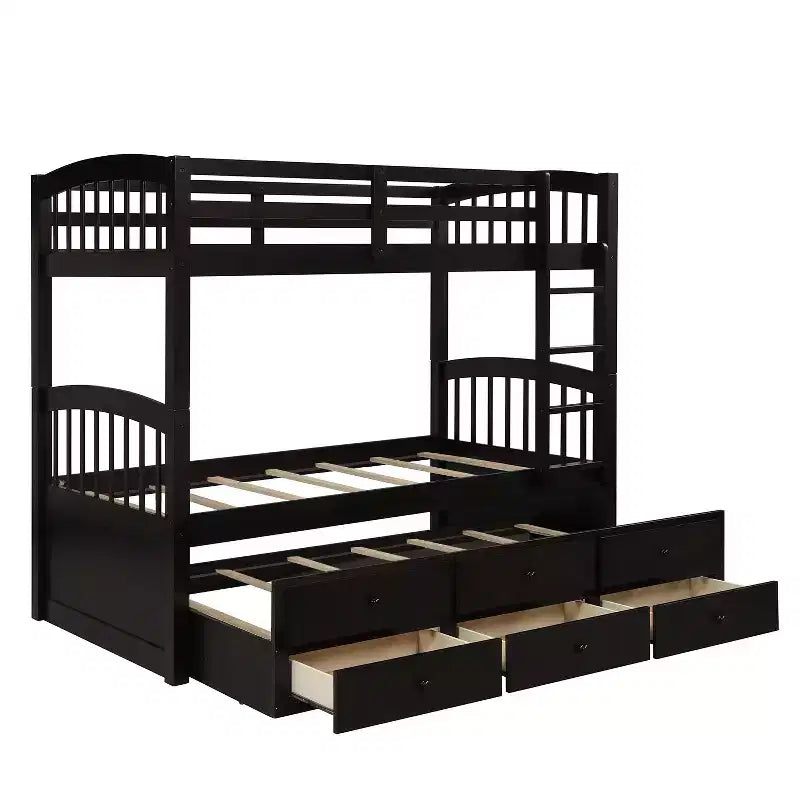 Twin over Twin Bunk Bed with Trundle, Wooden Bunk Bed with 3 Storage Drawers and Safety Rail, Can be Convertible to 2 Beds