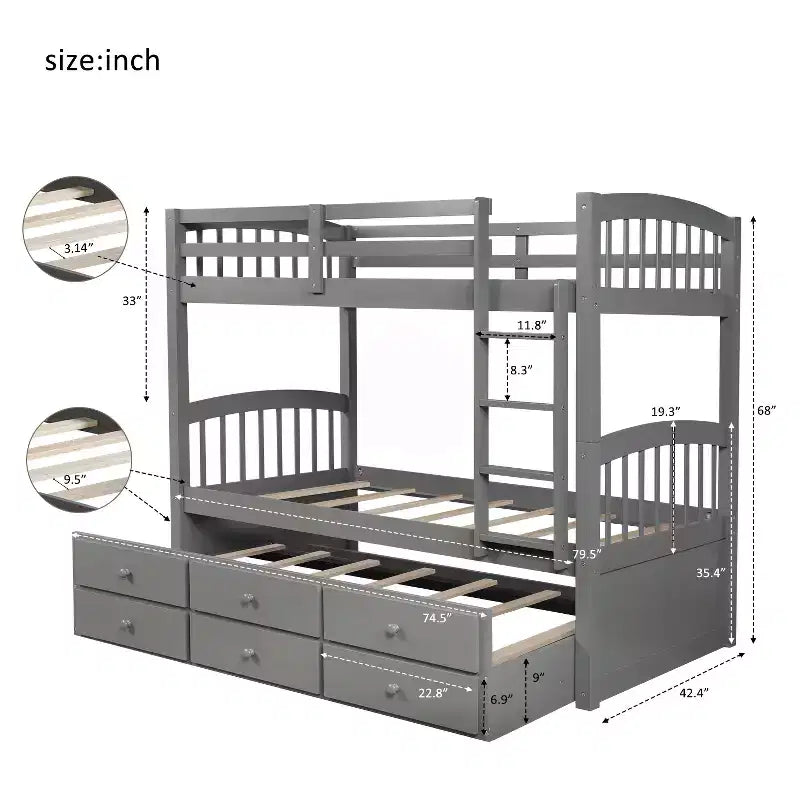 Twin over Twin Bunk Bed with Trundle, Wooden Bunk Bed with 3 Storage Drawers and Safety Rail, Can be Convertible to 2 Beds