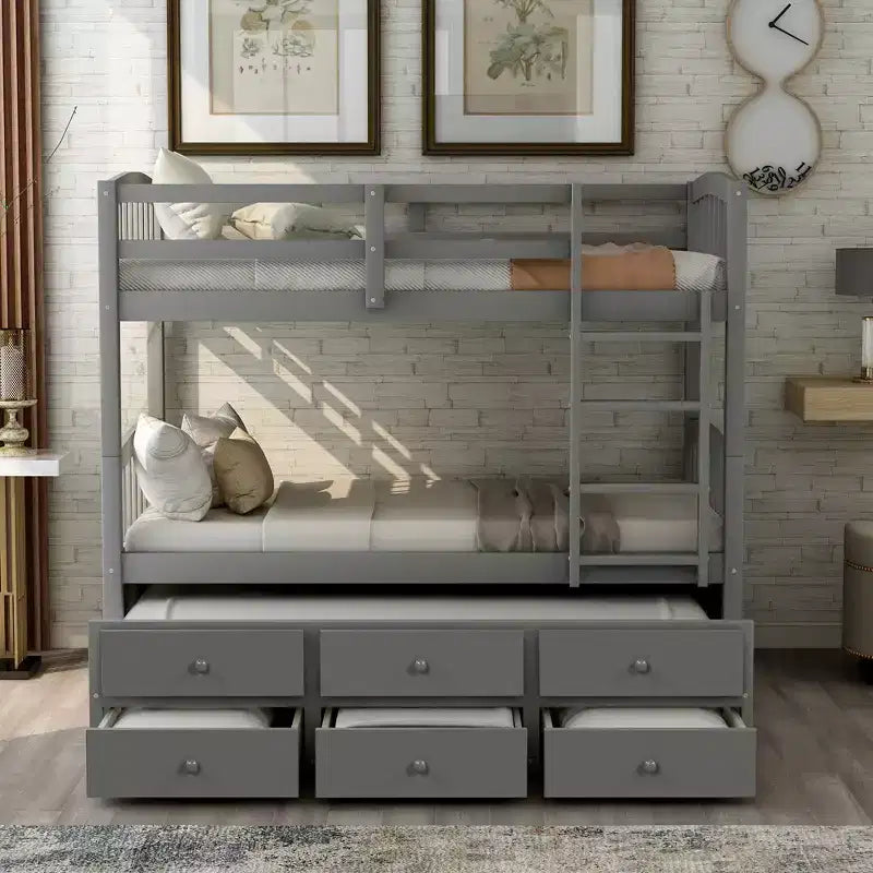 Twin over Twin Bunk Bed with Trundle, Wooden Bunk Bed with 3 Storage Drawers and Safety Rail, Can be Convertible to 2 Beds