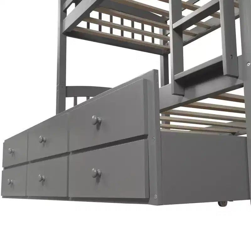 Twin over Twin Bunk Bed with Trundle, Wooden Bunk Bed with 3 Storage Drawers and Safety Rail, Can be Convertible to 2 Beds