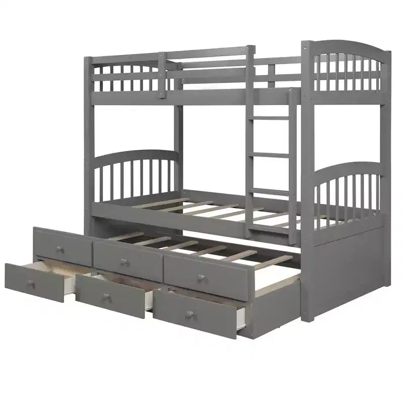 Twin over Twin Bunk Bed with Trundle, Wooden Bunk Bed with 3 Storage Drawers and Safety Rail, Can be Convertible to 2 Beds