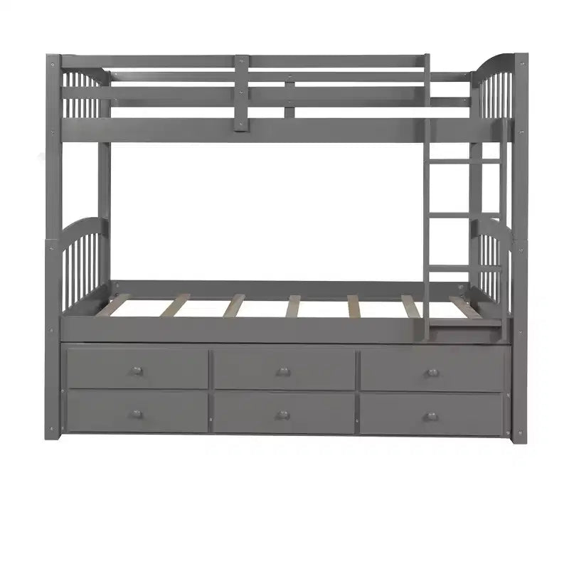 Twin over Twin Bunk Bed with Trundle, Wooden Bunk Bed with 3 Storage Drawers and Safety Rail, Can be Convertible to 2 Beds