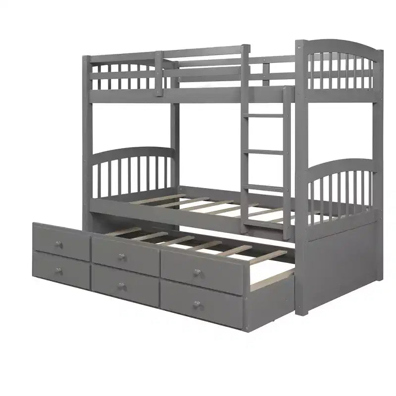 Twin over Twin Bunk Bed with Trundle, Wooden Bunk Bed with 3 Storage Drawers and Safety Rail, Can be Convertible to 2 Beds