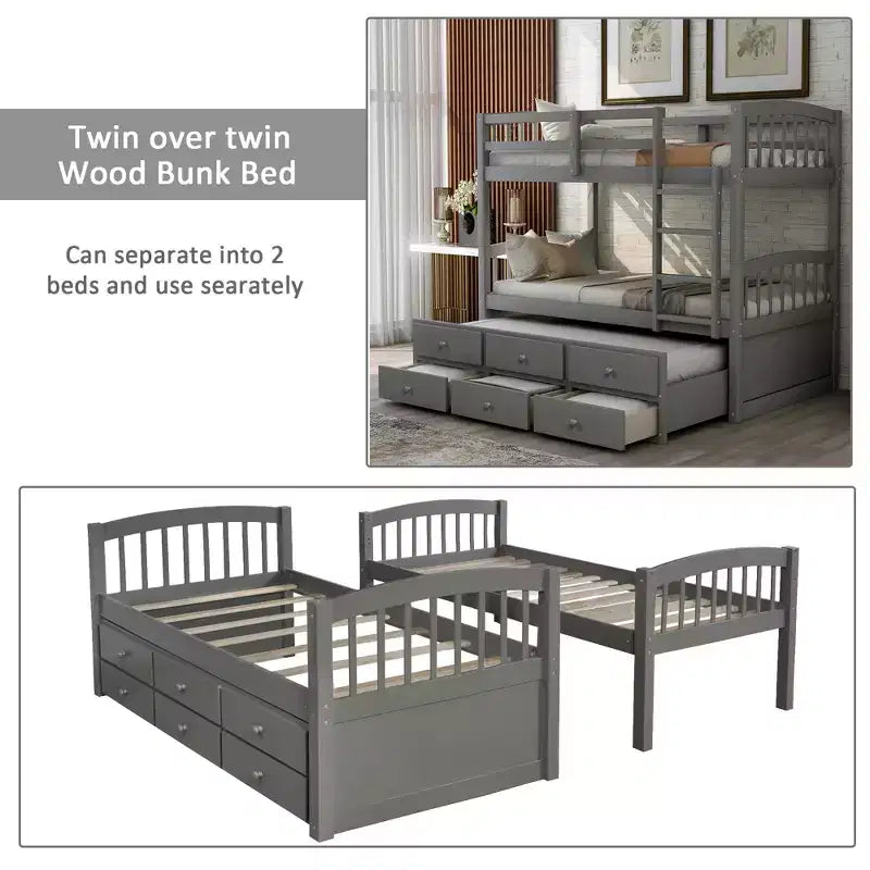 Twin over Twin Bunk Bed with Trundle, Wooden Bunk Bed with 3 Storage Drawers and Safety Rail, Can be Convertible to 2 Beds