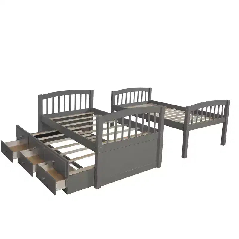 Twin over Twin Bunk Bed with Trundle, Wooden Bunk Bed with 3 Storage Drawers and Safety Rail, Can be Convertible to 2 Beds