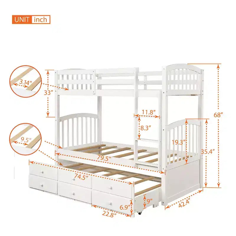 Twin over Twin Bunk Bed with Trundle, Wooden Bunk Bed with 3 Storage Drawers and Safety Rail, Can be Convertible to 2 Beds