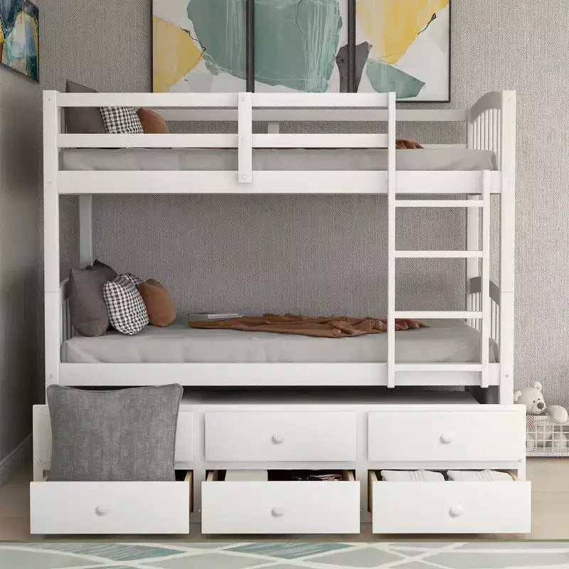 Twin over Twin Bunk Bed with Trundle, Wooden Bunk Bed with 3 Storage Drawers and Safety Rail, Can be Convertible to 2 Beds
