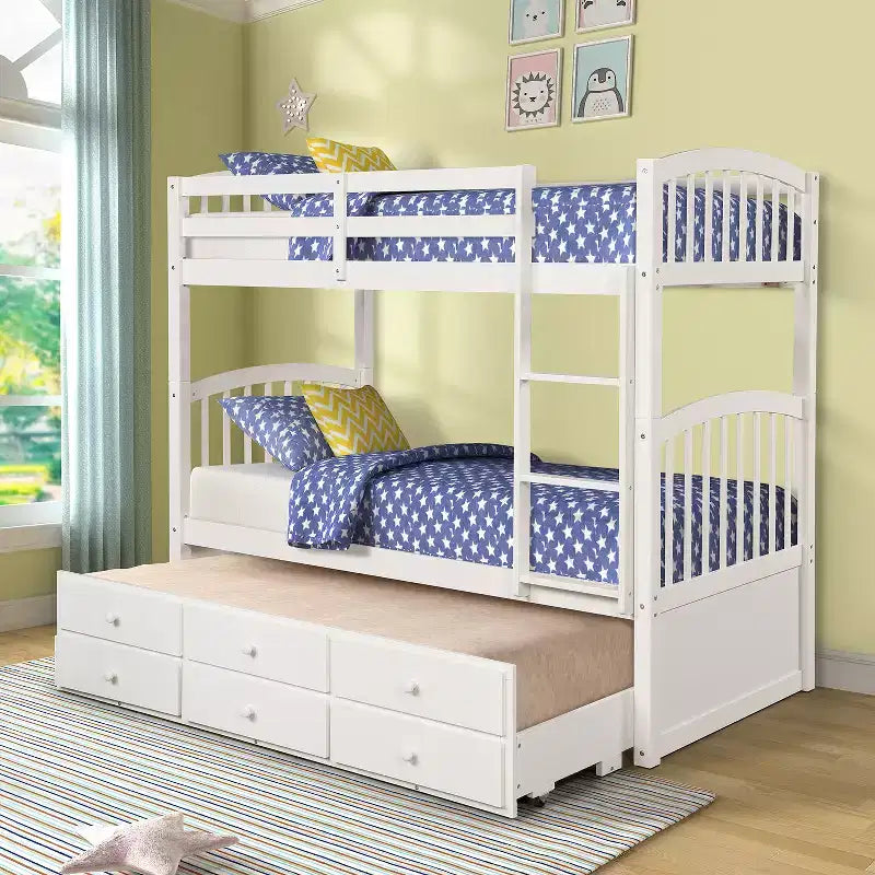 Twin over Twin Bunk Bed with Trundle, Wooden Bunk Bed with 3 Storage Drawers and Safety Rail, Can be Convertible to 2 Beds