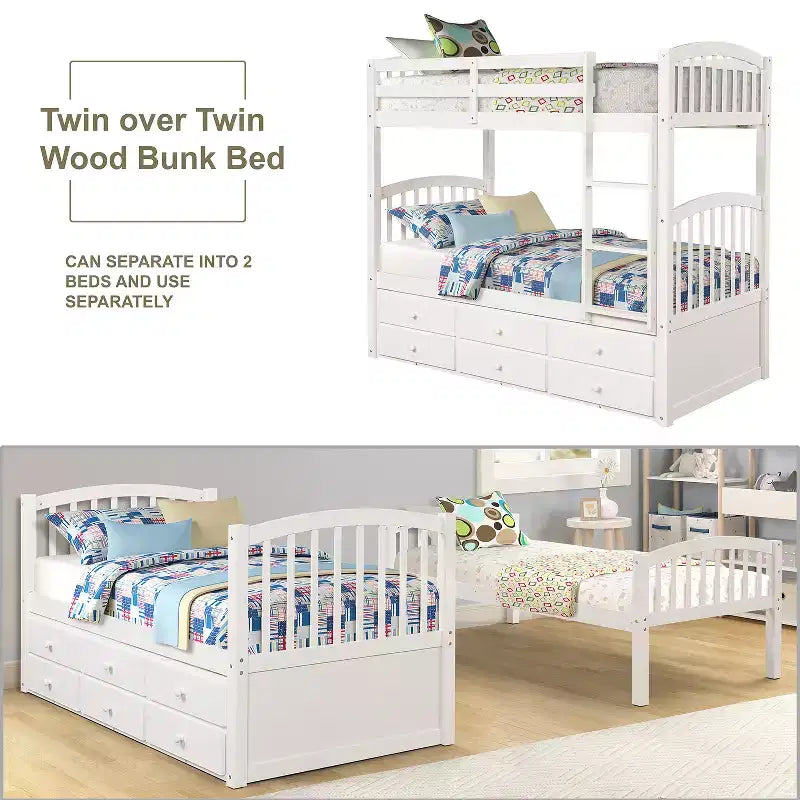 Twin over Twin Bunk Bed with Trundle, Wooden Bunk Bed with 3 Storage Drawers and Safety Rail, Can be Convertible to 2 Beds
