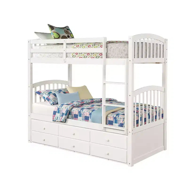 Twin over Twin Bunk Bed with Trundle, Wooden Bunk Bed with 3 Storage Drawers and Safety Rail, Can be Convertible to 2 Beds