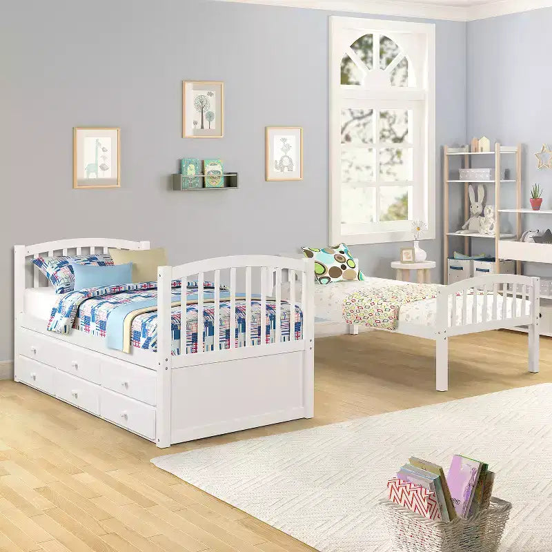 Twin over Twin Bunk Bed with Trundle, Wooden Bunk Bed with 3 Storage Drawers and Safety Rail, Can be Convertible to 2 Beds