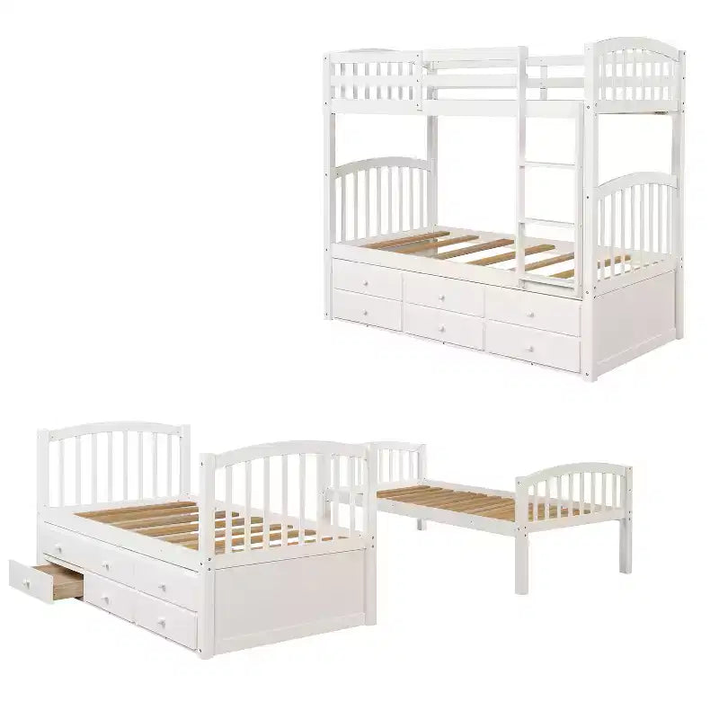 Twin over Twin Bunk Bed with Trundle, Wooden Bunk Bed with 3 Storage Drawers and Safety Rail, Can be Convertible to 2 Beds